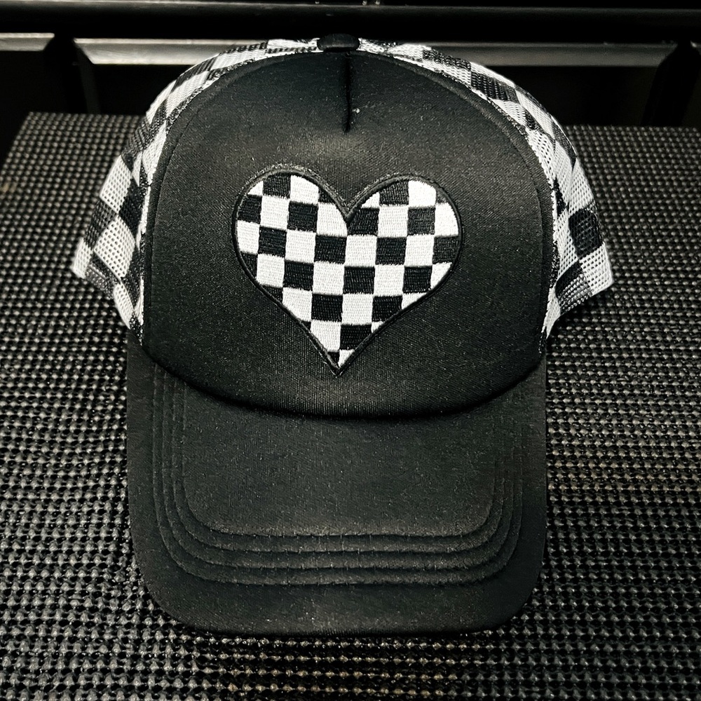 Black Checkered Board Trucker Hat with Checkered Heart Design